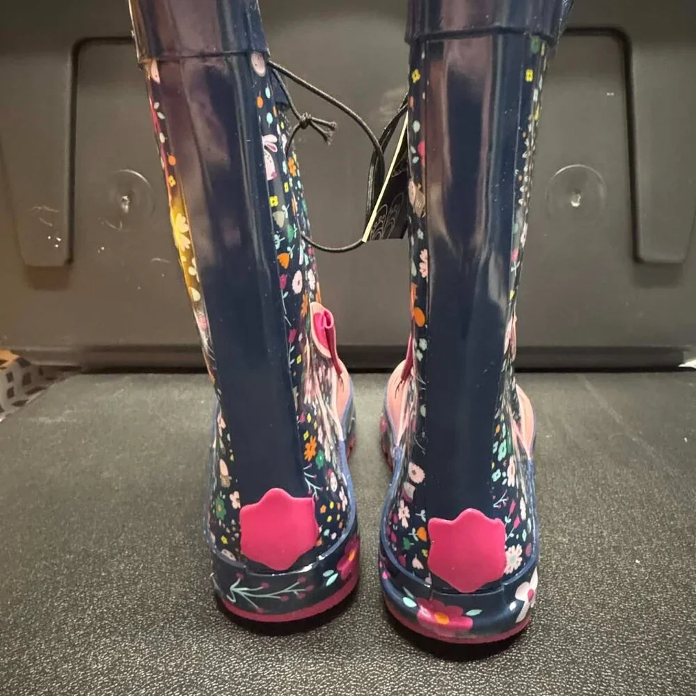 Toddler Bunny Rain Boots Pink Floral Waterproof Rubber Shoes Size 3